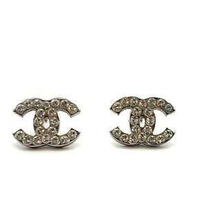 CHANEL CC Logos Rhinestone Stud Earrings Silver Tone